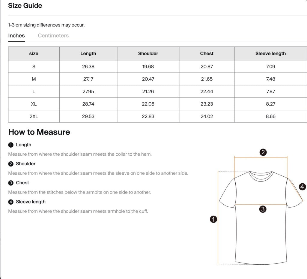 FOcUS Vision T-Shirt size guide