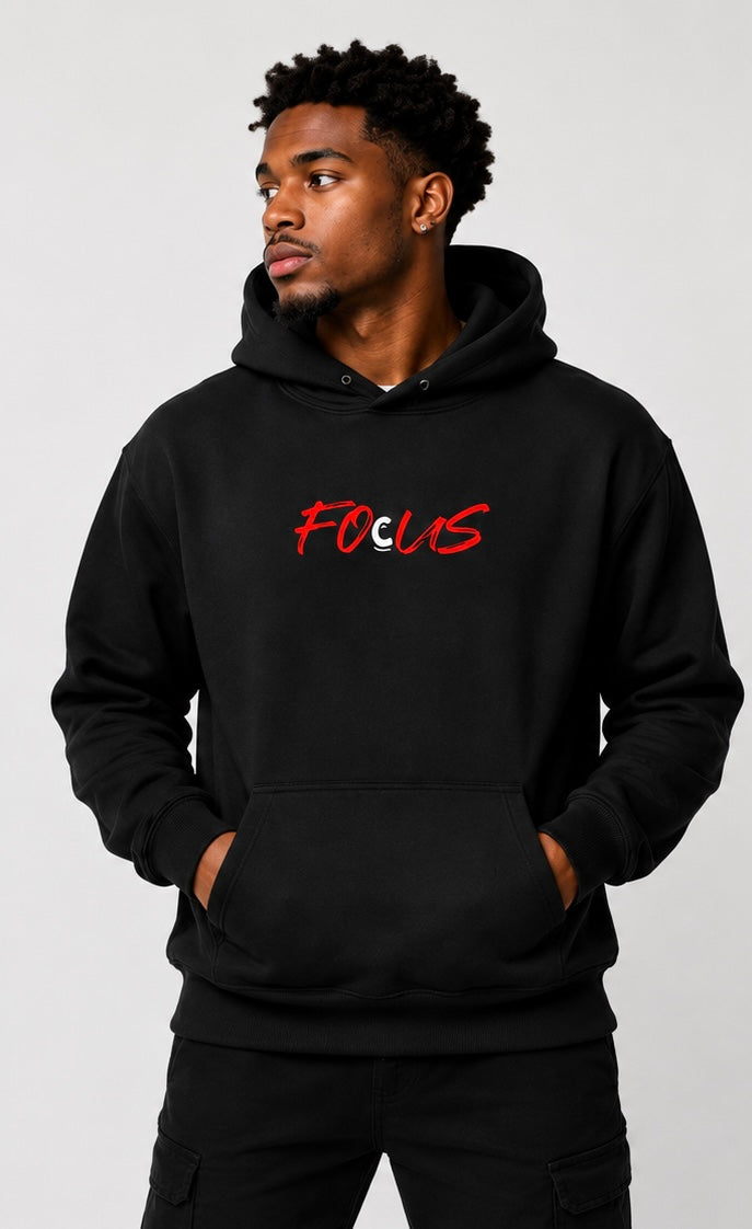 FOcUS FOcUS VISION model wearing black FOcUS hoodie